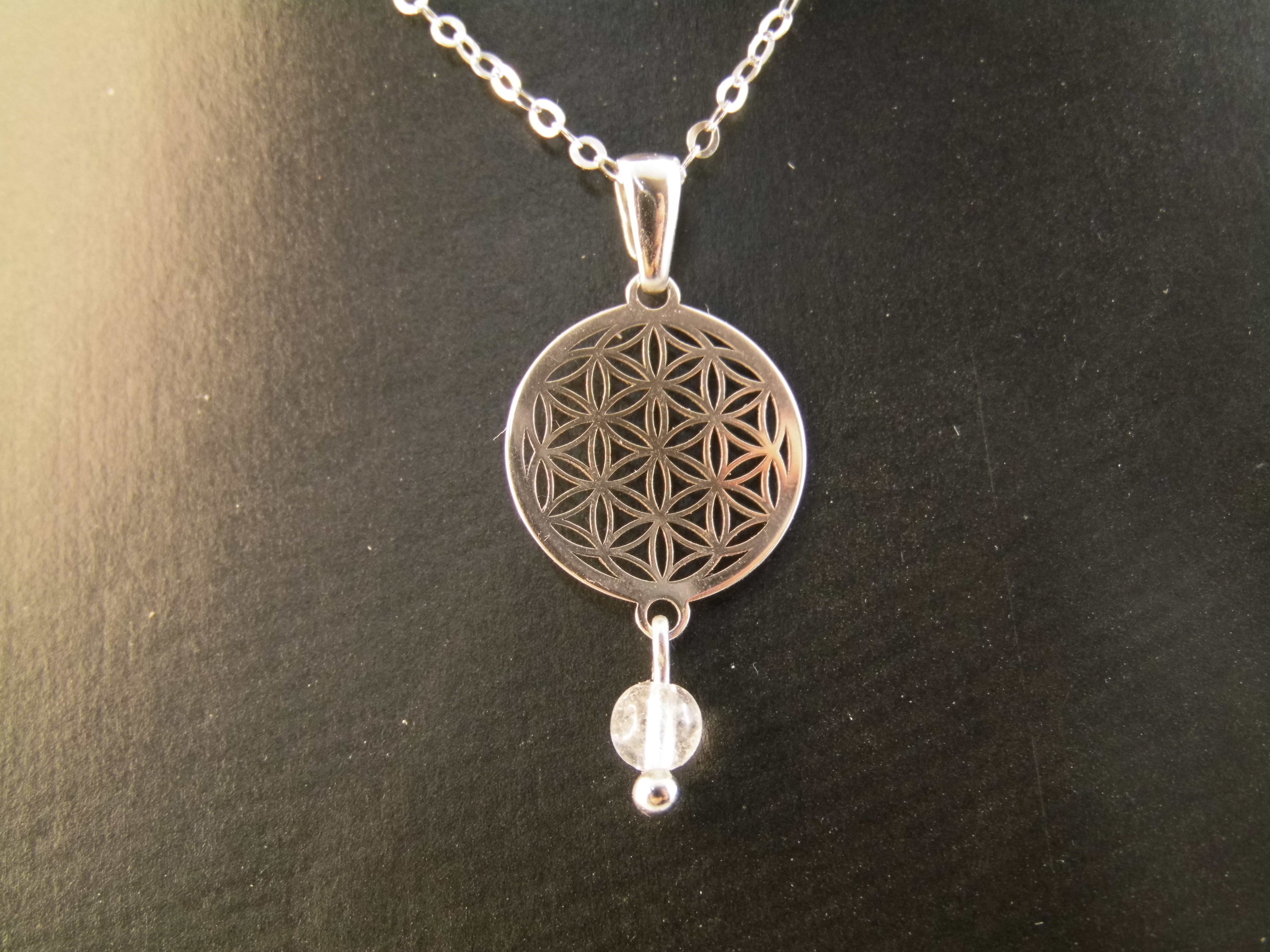 925er Echt Silber Kette rhodiniert Blume des Lebens mit Bergkristall