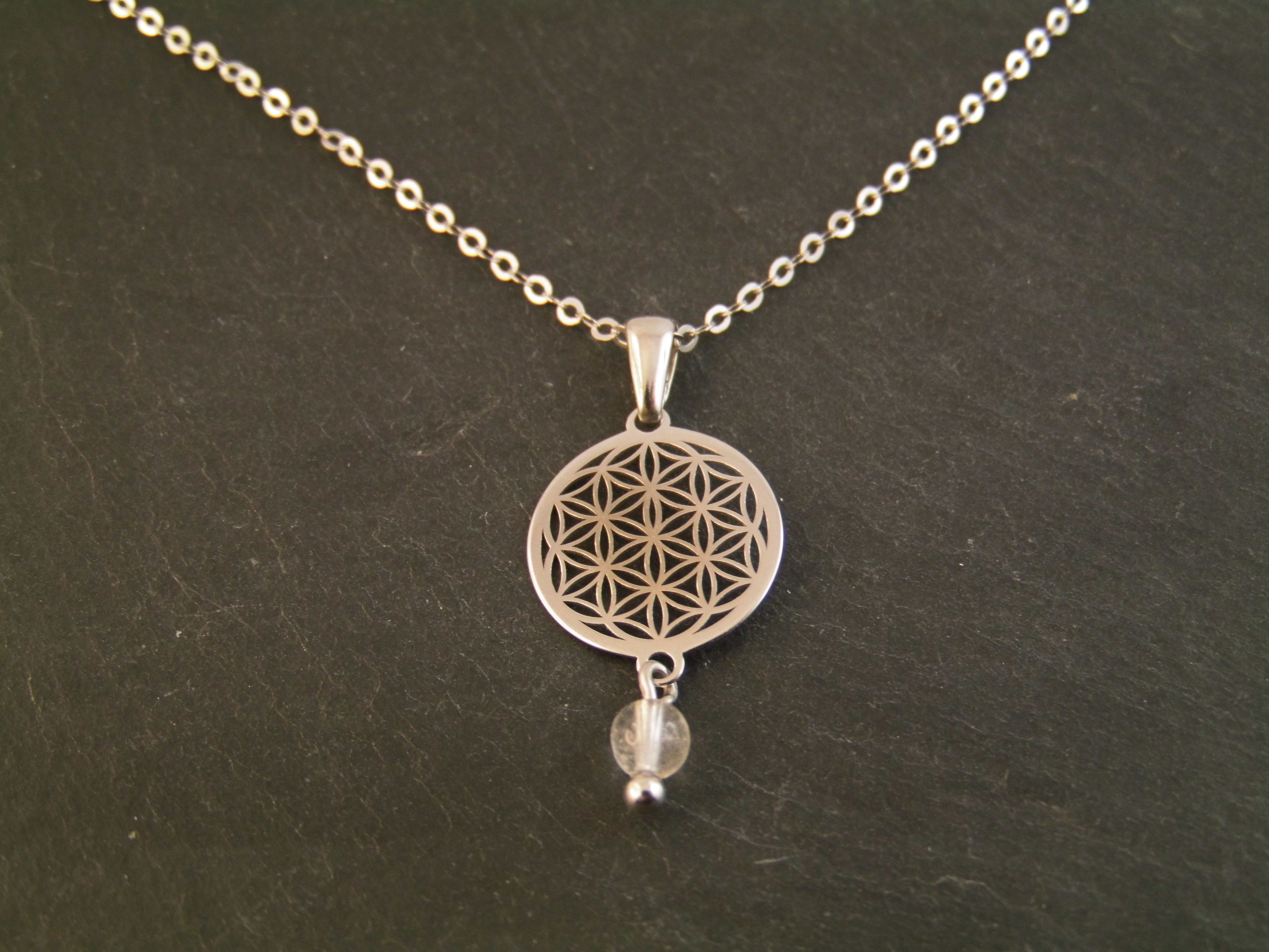 925er Echt Silber Kette rhodiniert Blume des Lebens mit Bergkristall